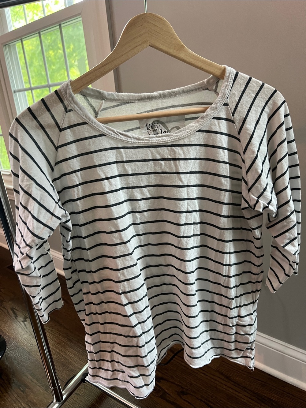 Frank & Eileen White 3/4 Sleeve Tee with Navy Stripes